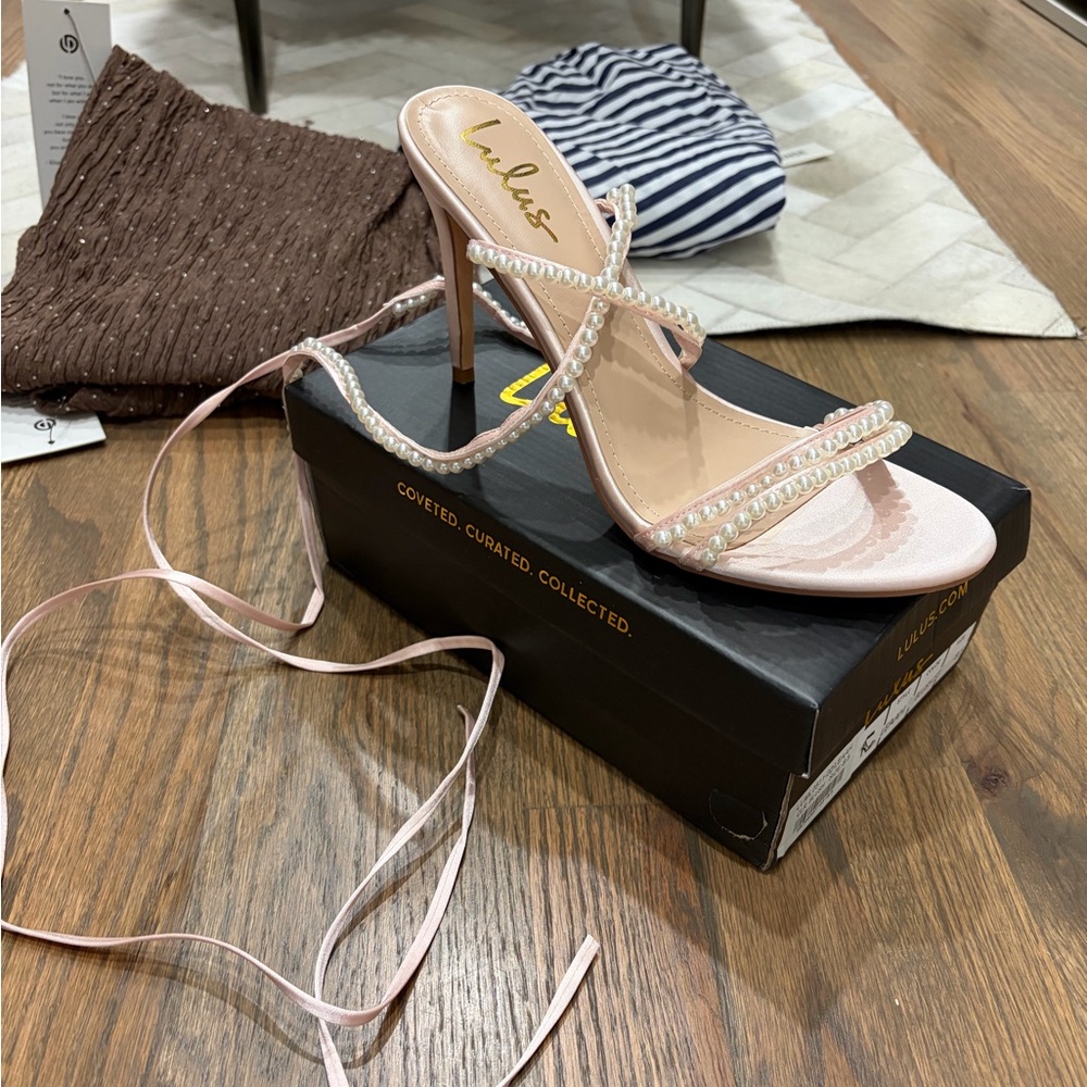 Lulu's Blush Pearl-Strap Lace-Up Stiletto Sandals